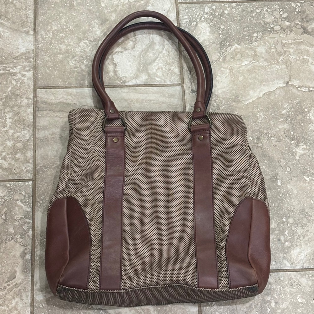 LL Bean Traveler Tote Bag Brown Leather Trim Woven Canvas Shoulder Bag 0TP47